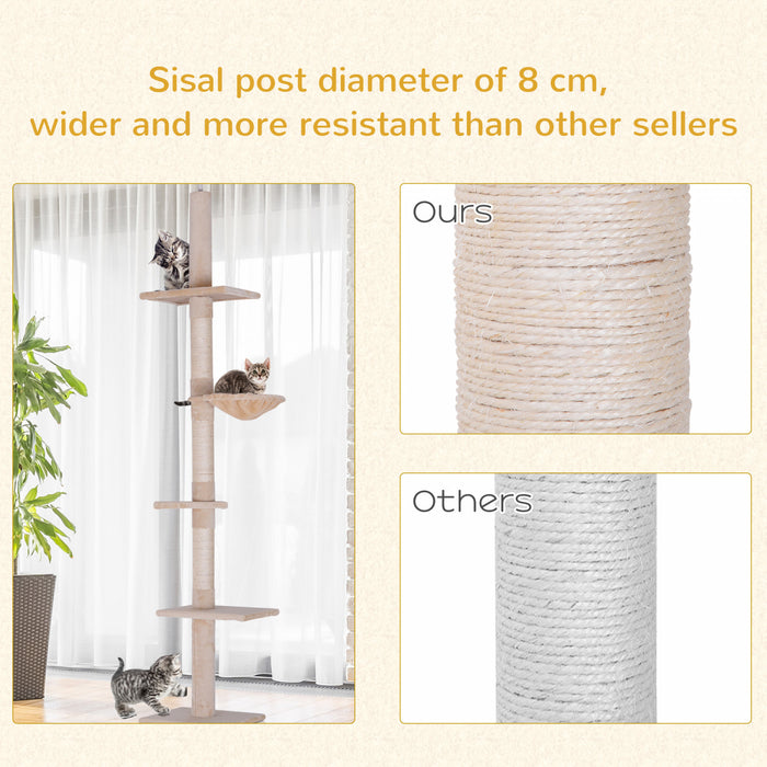 Pawhut 8.5ft Chat Escalade Arbre 5 Niveaux Centre D'activites Du Sol Au Plafond Chat Grimpeur Jouet Avec Grattoir Jouer Repos Post Meubles Pour Animaux De Compagnie Beige