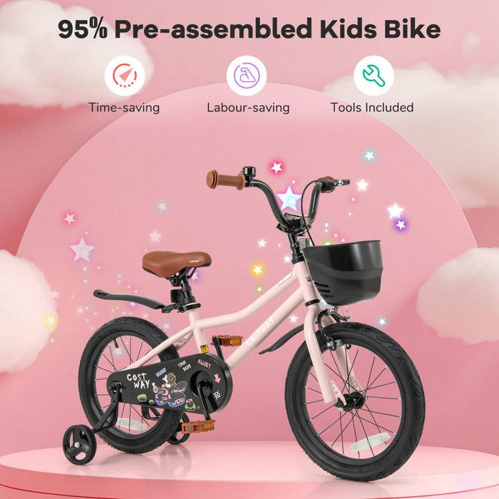 Costway 16\" Velo Pour Enfants Avec Roues D'entrainement Guidon Reglable Et Frein A Main De Siege Rose