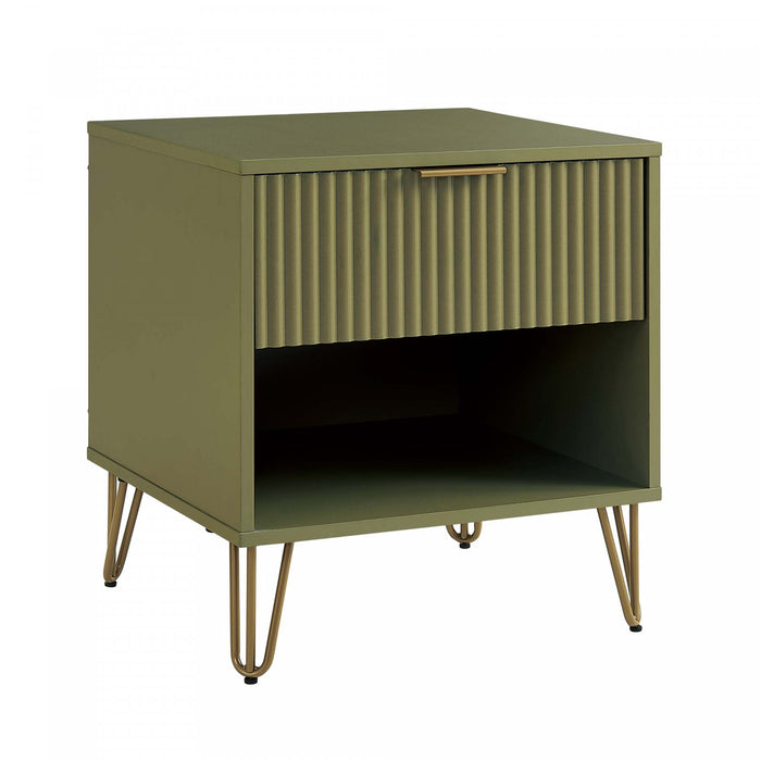 Table de nuit moderne Dumbo 20\" cannelee en vert olive (1 tiroir) - Lot de 2