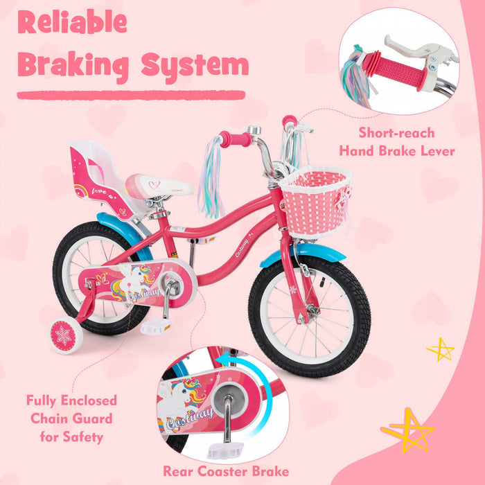 Costway 14 Pouces Enfants Velo Avec Panier Poupee Siege & Streamers Colores 2 Roues D'entrainement Rose