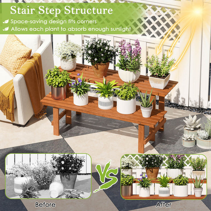 Costway 2 Etage Stand De Plante En Bois Avec Huile De Tec Finition Interieur Et Exterieur Pot De Fleurs