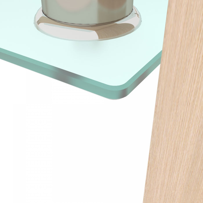 Table basse moderne rectangulaire en verre trempe transparent Liam, finition chene