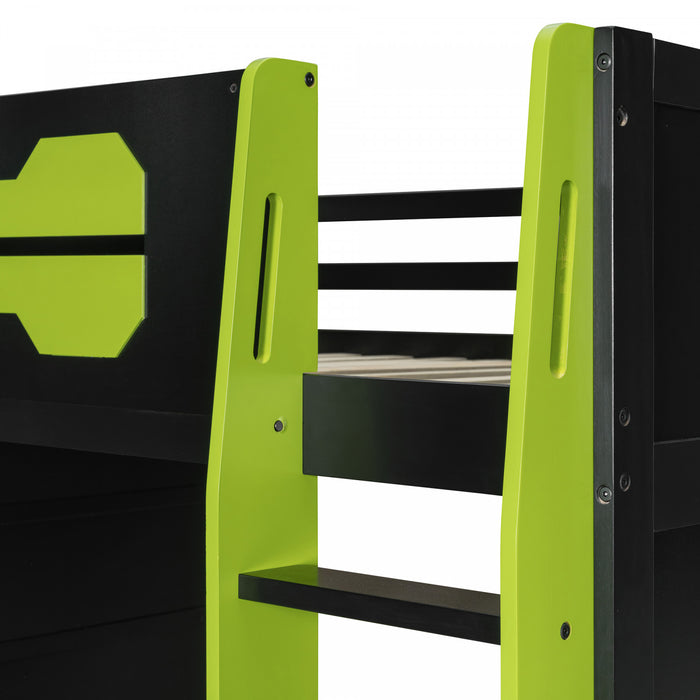 Olivia Lit mezzanine en bois avec bureau et etageres de rangement multiples, Lumiere RGB, Vert