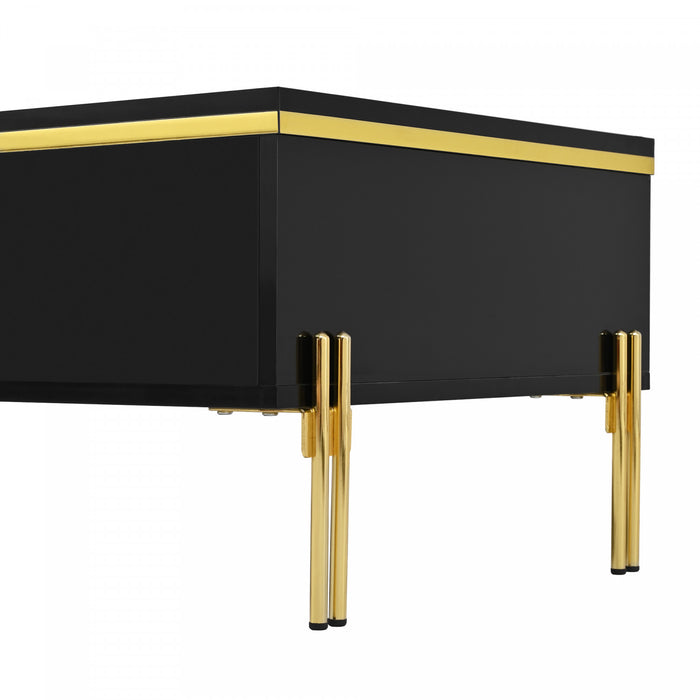 Lustra Table Basse Moderne Haute Brillance 39.4 po avec Double Tiroirs et Accents Dores, Noir