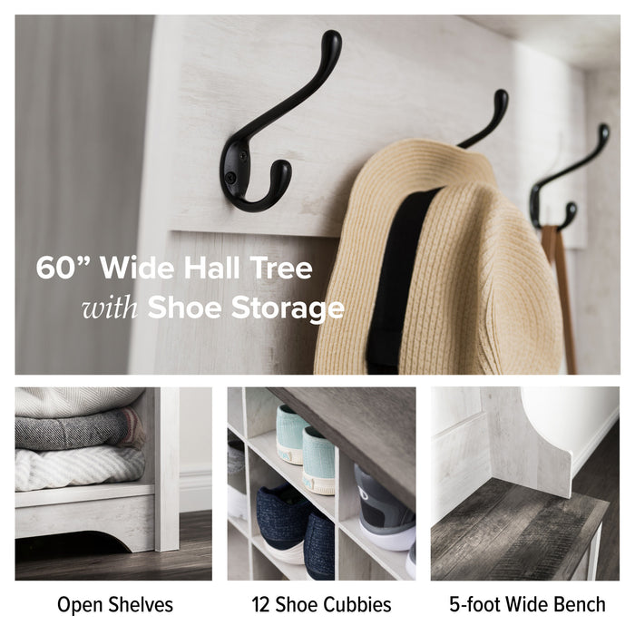 Armoire de rangement Rustic Ridge champêtre pour l’entrée avec compartiments pour chaussures et crochets à manteaux - blanc vieilli