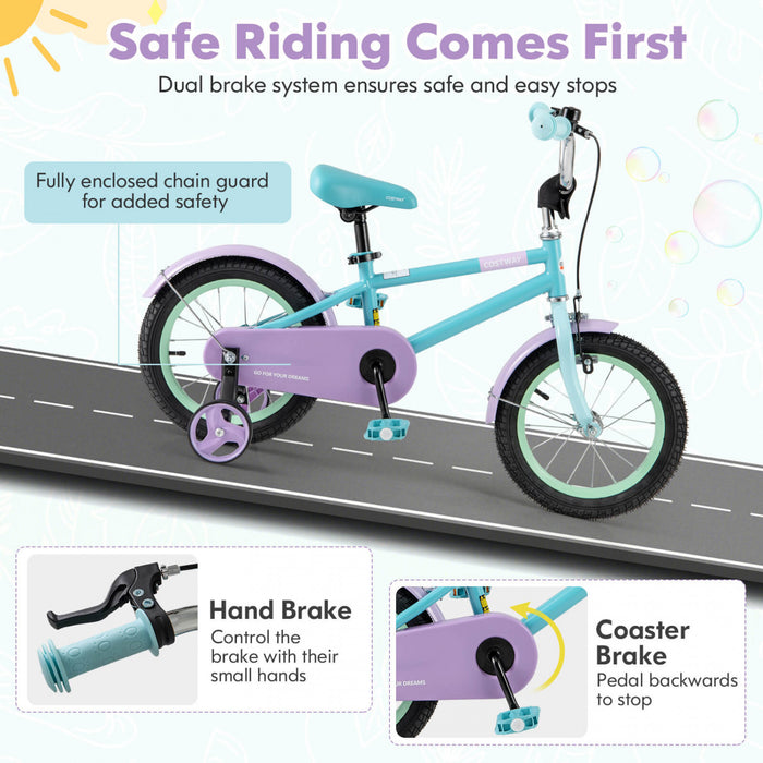 Costway 14\" Velo Pour Enfants Avec Guidon Reglable De Selle Roues D'entrainement Amovibles Frein A Main Bleu