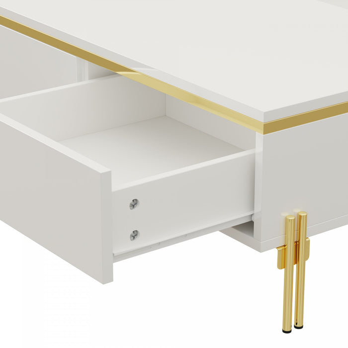 Lustra Table Basse Moderne Haute Brillance 39.4 po avec Double Tiroirs et Accents Dores, Blanc