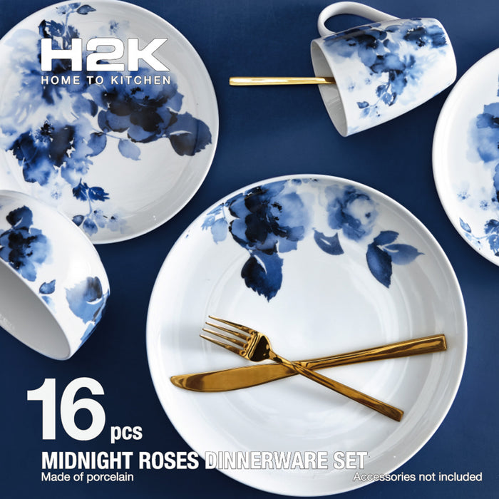 Ensemble de Vaisselle 16 Morceaux H2K Midnight Roses en Porcelaine