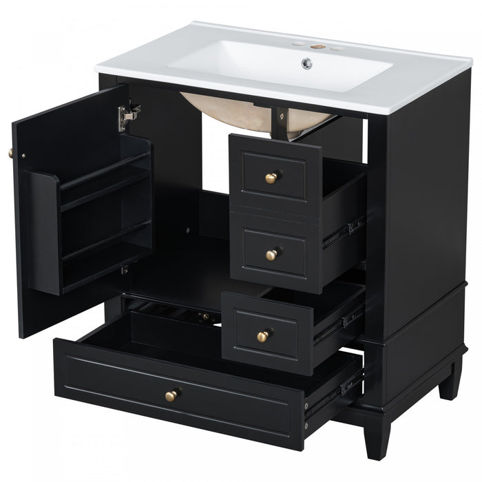 Emma Meuble-lavabo en bois massif de 30\" avec vasque en ceramique et porte a fermeture douce, Noir