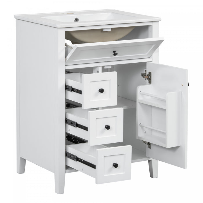 Scott Meuble-lavabo de 24\" avec vasque en ceramique et pieds en bois caoutchouc, Blanc