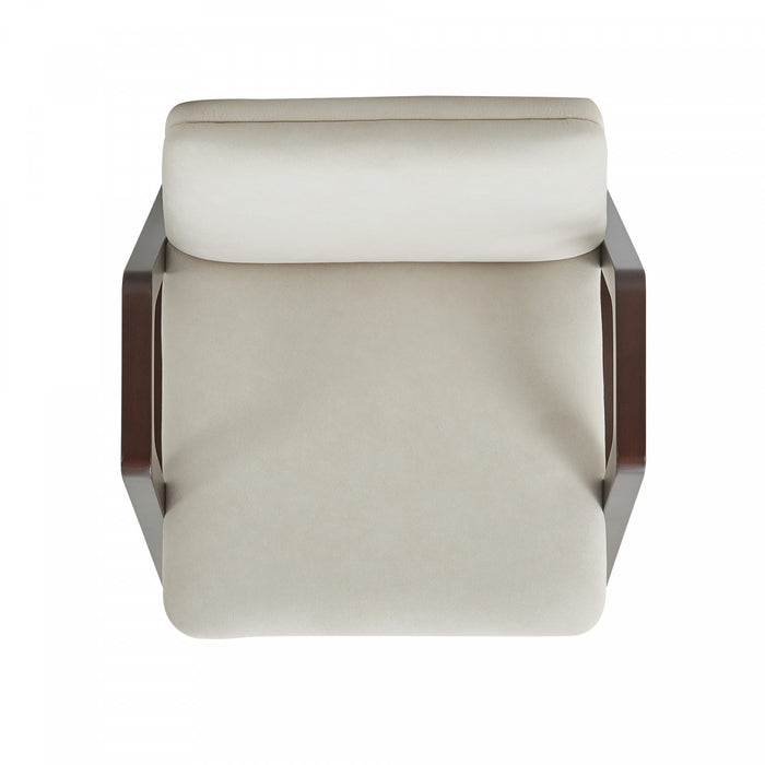 Fauteuil moderne en bois et velours Stella, coloris creme