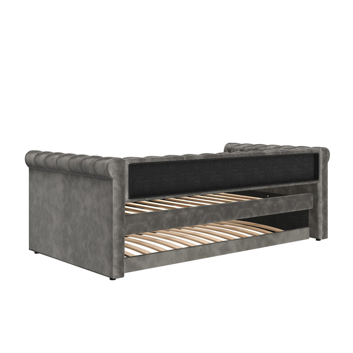 Le Daybed Sophia avec design capitonne, revetement en tissu, lit d'appoint avec trundle et dossier confortable, couleur grise