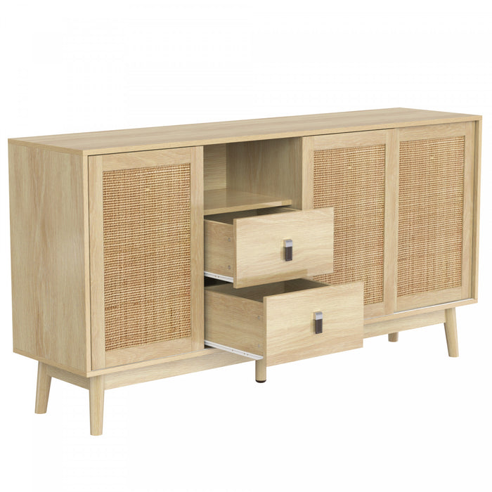 Oliver 61\" Buffet avec Portes Coulissantes en Rattan et Tiroirs, Naturel