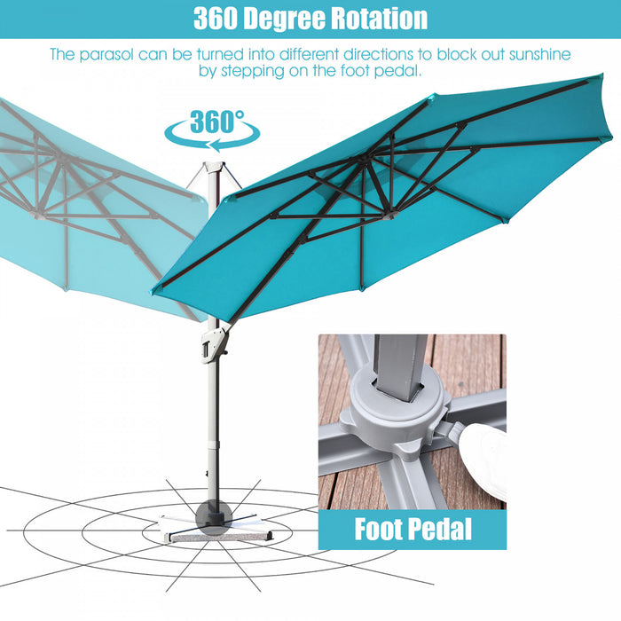 Costway Parasol deporte 11ft pour terrasse a rotation cantilever, aluminium, inclinable, base croisee, turquoise
