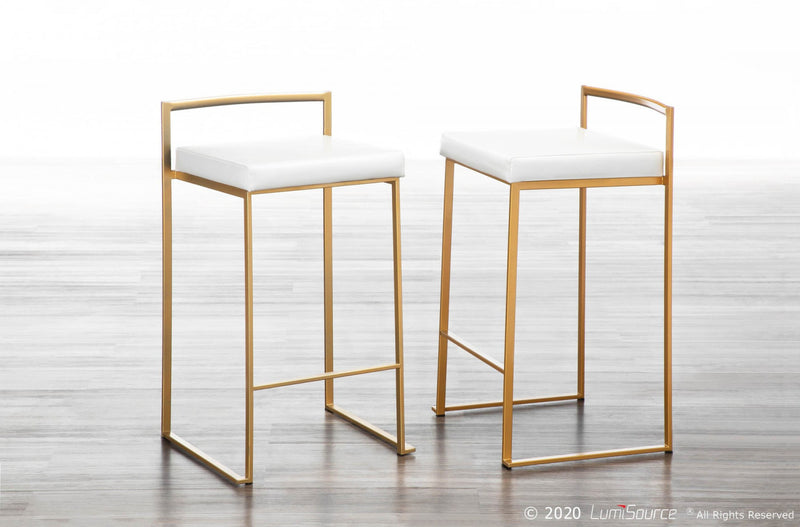 Tabouret contemporain Fuji de hauteur comptoir en similicuir blanc - ensemble de 2