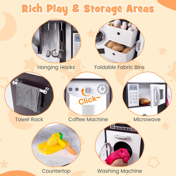 Costway Bois Enfants Jouer Coin Cuisine Avec Des Lumieres Realistes Et Des Sons Eclaires Gamme Capuchon Marron