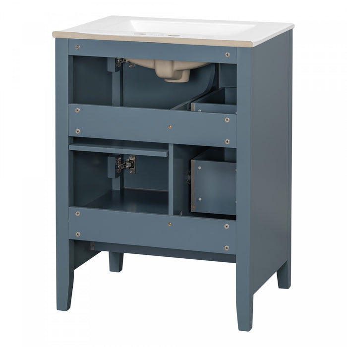 Mia Meuble-lavabo de 24\" avec vasque en ceramique et rangement a plusieurs tiroirs, Bleu Gris