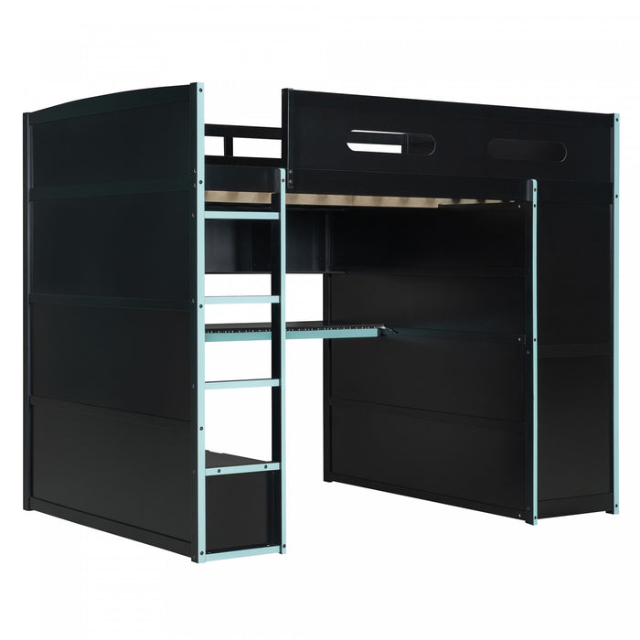 Jerry Lit mezzanine en bois avec bureau et rangement, Taille Double, Bleu