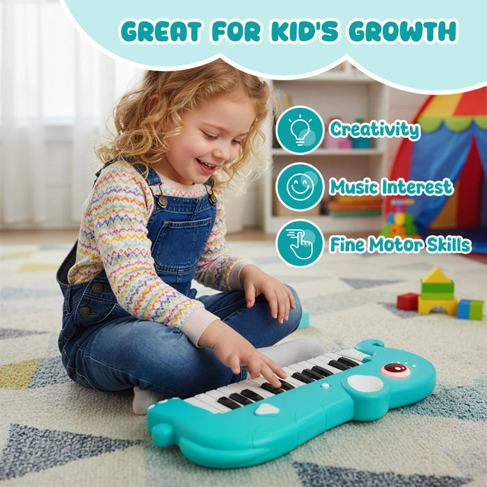 Costway Clavier de Piano pour Enfants 25 Touches en Forme d'Elephant, Jouet Piano Numerique avec Musique et Lumieres Integrees - Bleu