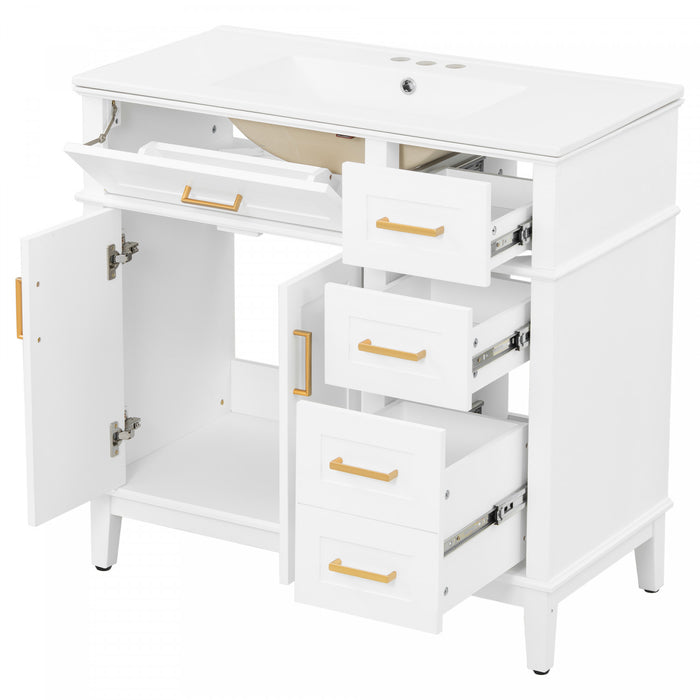 Ethan Meuble-lavabo de salle de bain en bois massif avec lavabo en ceramique et rangement intelligent, blanc