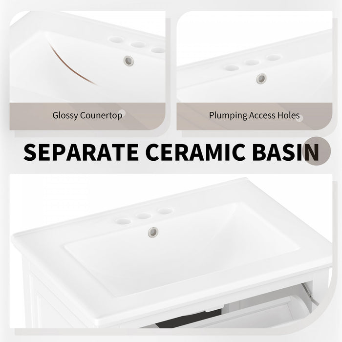 Vivo Meuble-Lavabo Simple 24 po avec Tiroir Bascule et Pieds en Bois Massif, Blanc