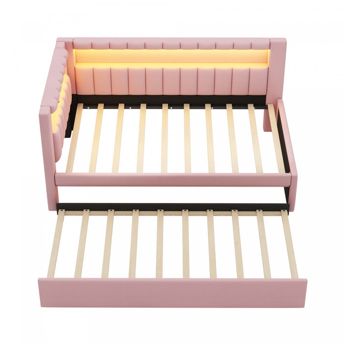 Lit plateforme Lily rembourre avec LED et ports USB, rose