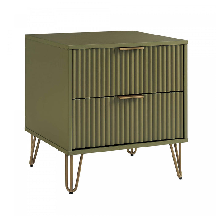 Table de nuit moderne Dumbo 20\" a cannelures, vert olive (2 tiroirs) – Lot de 2