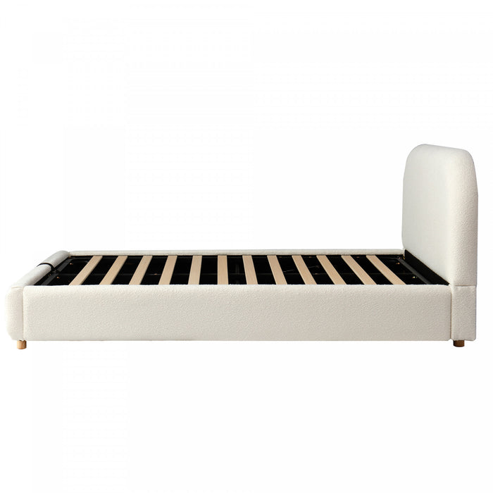 Lit plateforme Laurel avec coffre de rangement a levage hydraulique, tapisserie bouclee et espace de rangement cache sous le lit, taille King, blanc