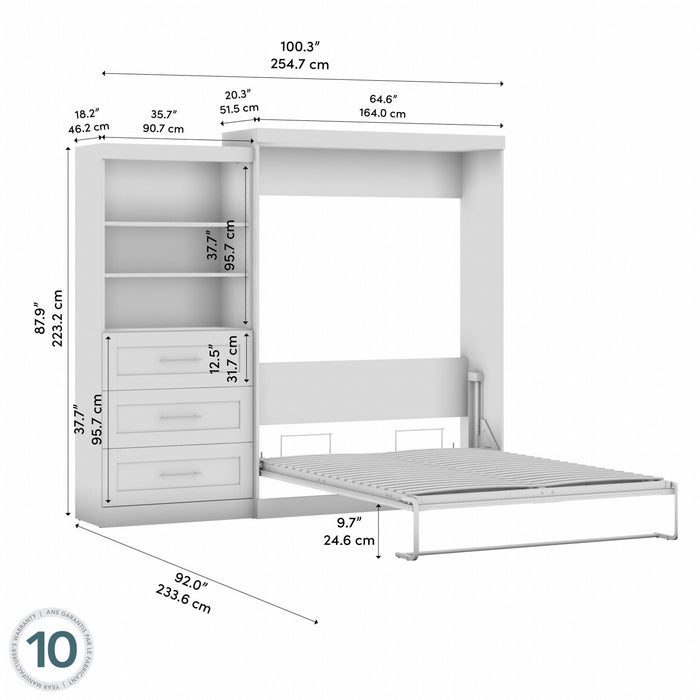 Grand lit escamotable mural Pur de Bestar de 101 po avec tablettes et tiroirs - blanc