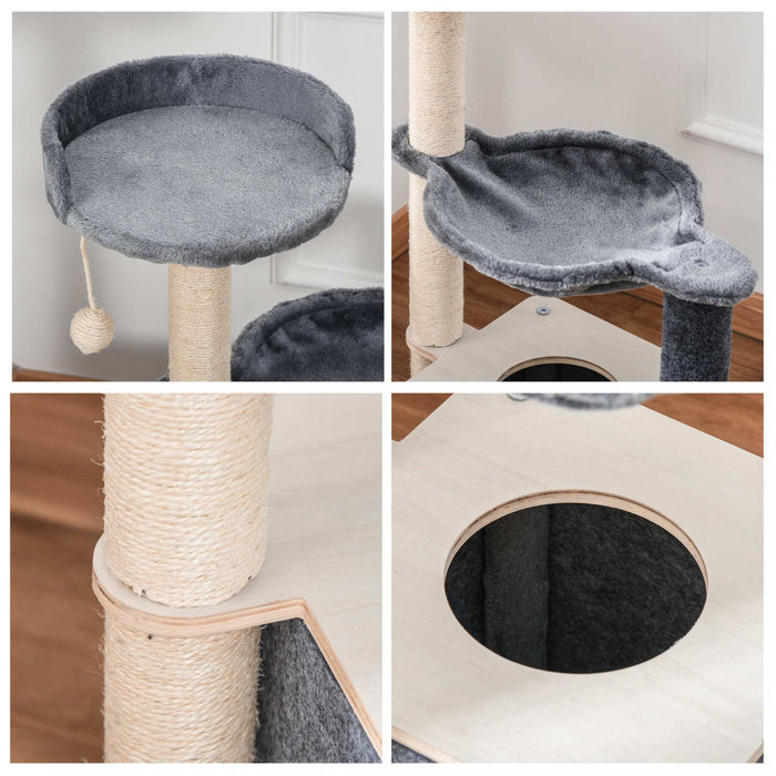 Pawhut Arbre A Chat, Tour A Chat A Plusieurs Niveaux Avec Perchoir, Griffoir, Condo Pour Chat, Hamac, Balle A Suspendre, Meubles Pour Chat D'interieur, Gris