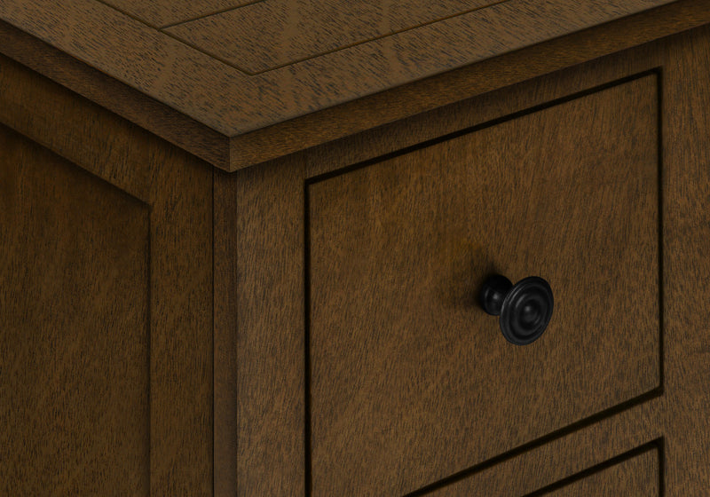 Table de bout, d’appoint et de nuit étroite de style transitionnel avec tiroir de rangement et placages bruns pour la chambre à coucher