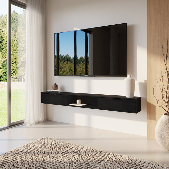 Meuble pour téléviseur mural mince Nordika de 72 po avec 2 armoires de rangement - noir