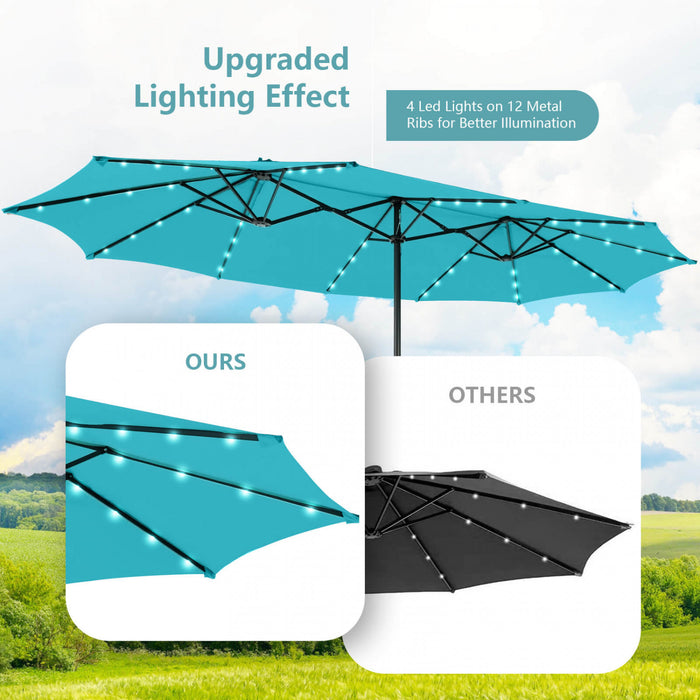 Costway Parasol double face jumeau de patio de 15 pieds avec 48 lumieres LED solaires et manivelle turquoise