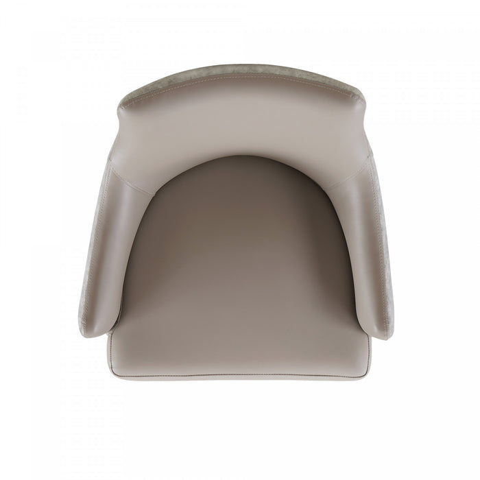 Fauteuil moderne Connie en cuir vegetalien et velours avec accoudoirs en bois, taupe - Lot de 2