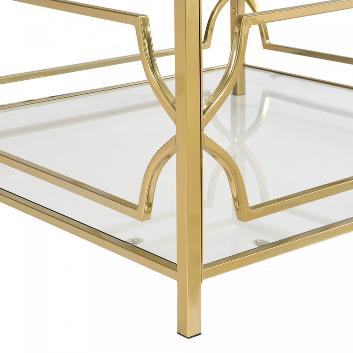 Gleam Table Basse Carree en Verre Trempe 33.5 po avec Cadre Geometrique Dore et Etagere Inferieure, Transparent
