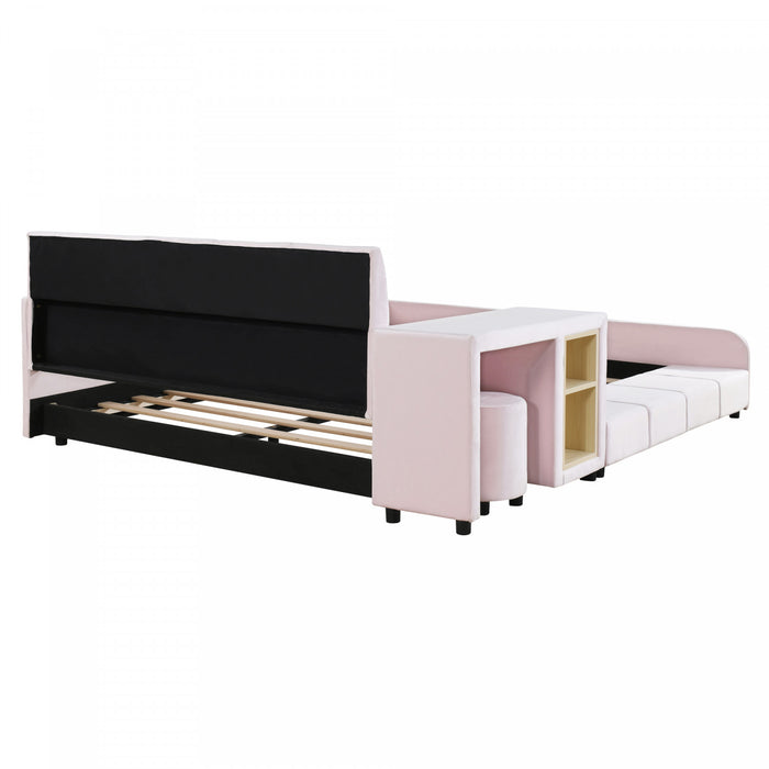 Lit Lily en velours rembourre avec bureau et tabouret, taille Full, rose