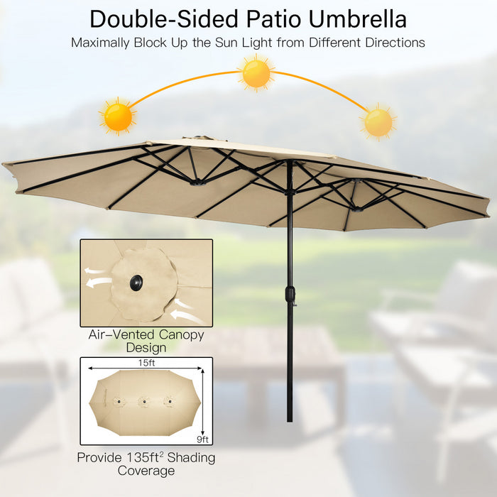 Parasol de patio jumeau double face Costway de 15 pieds, marche exterieur avec manivelle et base beige