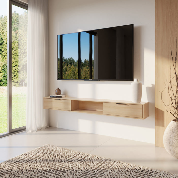 Meuble pour téléviseur mural mince Nordika de 72 po avec 2 armoires de rangement - chêne blond naturel