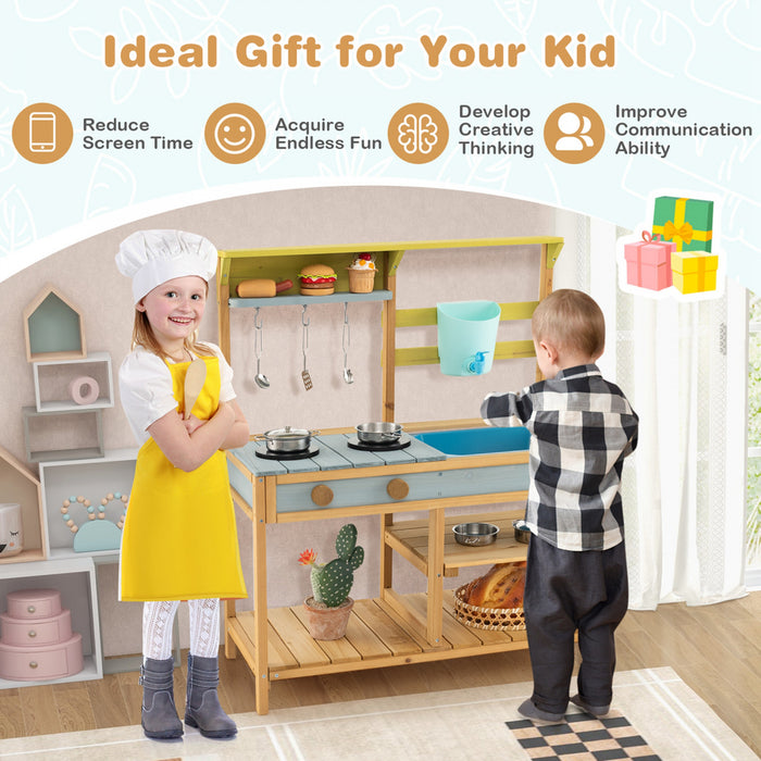 Jeu De Cuisine En Bois Pour Enfant, Cuisine Jouet Pour Enfant, Robinet Et Reservoir A Eau, Evier Amovible, 3 Crochets De Suspension, 1 Etagere Amovible, 2 Etageres Fixes, Pour Les +3 Ans
