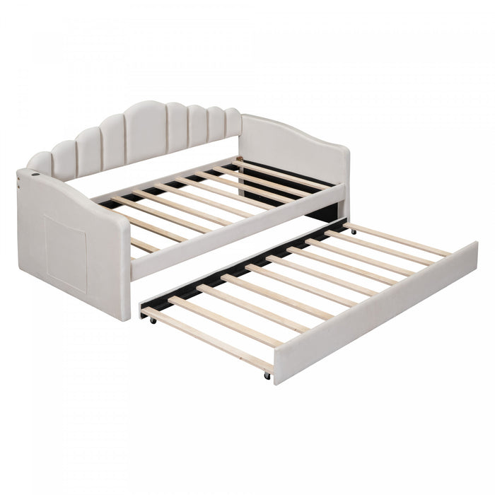 Lily Lit Relevable Capitonne avec Lit Gigogne et Ports de Chargement USB, Taille Twin, Beige