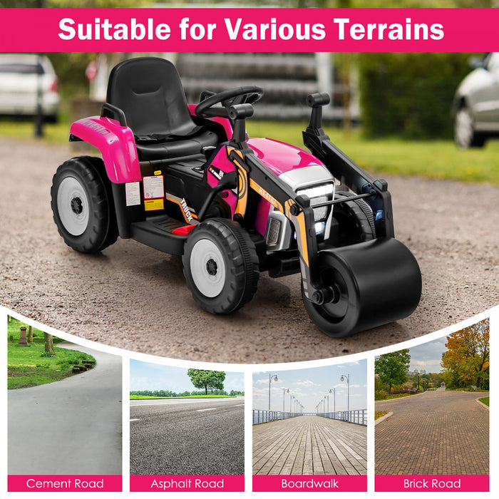 Costway Enfants Rouler Sur Route Rouleau 12v Tracteur Electrique A Distance W / Musique & Led Rose Clair