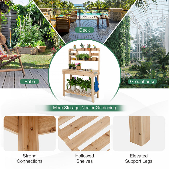 Table Pour Plante En Bois Avec Plateau Rabattable, Etageres Et 3 Crochets, Table De Rempotage Pour Serre / Jardin / Terrasse, Table De Jardinage, Capacite De Charge 150 Kg, 110x50x153cm