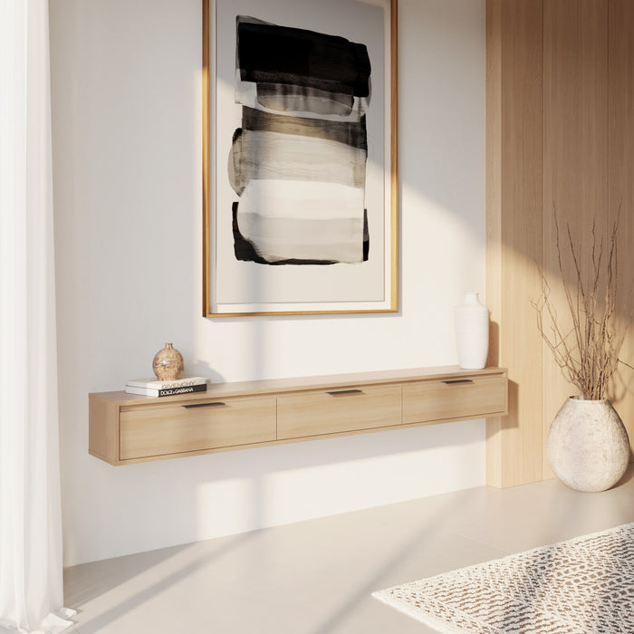 Meuble pour téléviseur mural mince Nordika de 72 po avec 3 armoires de rangement - chêne blond naturel