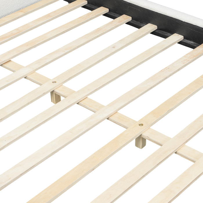 Cadre de lit plateforme Emma a profil bas avec tete de lit courbee et revetement en boucle, taille king, blanc creme