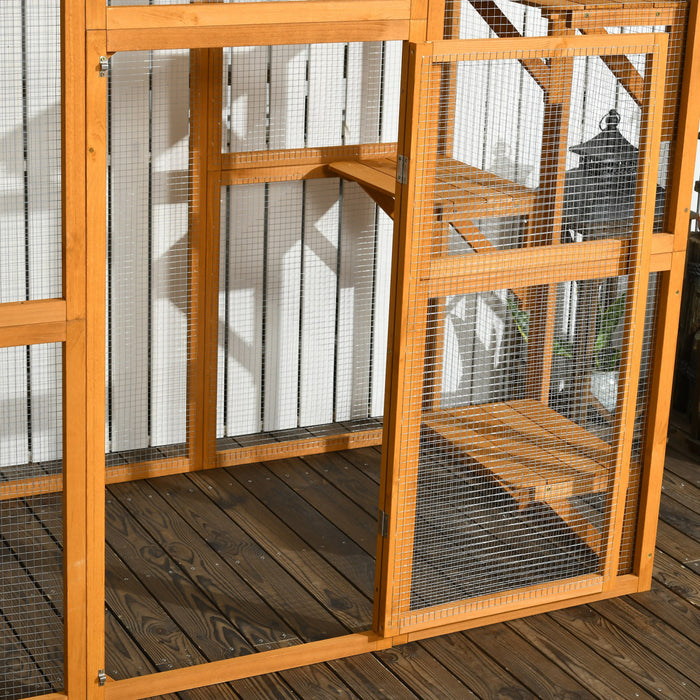 Pawhut Grand Enclos Exterieur Pour Chat, Terrasse En Bois Pour Chat Avec 6 Plates-formes Equilibrees Et Toit En Asphalte, 71\" X 38.5\" X 71\", Orange