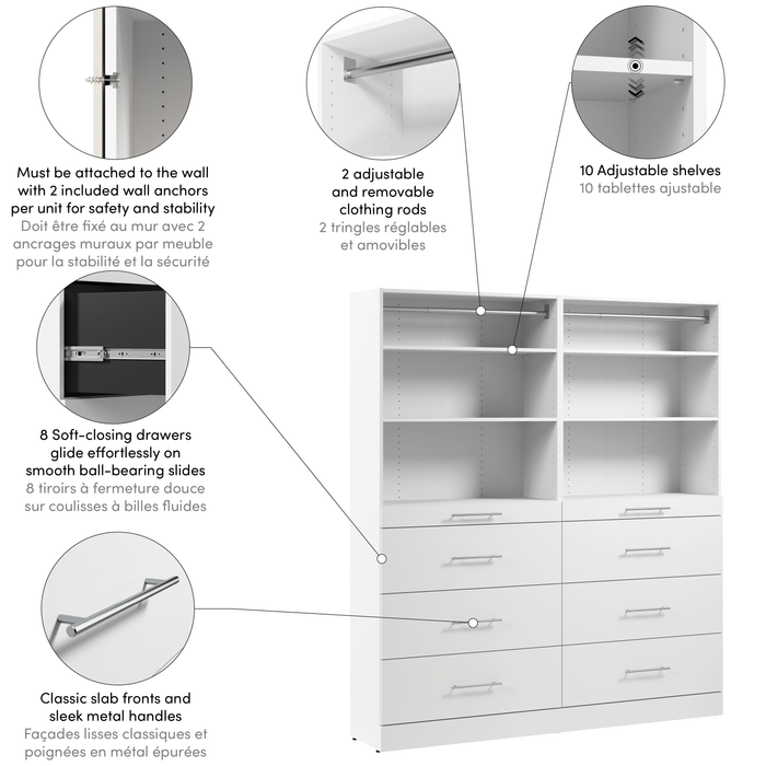 Système de garde-robe et pièce-penderie modulaire Florence de Bestar de 71 po avec tablettes et tiroirs de style lisse - blanc