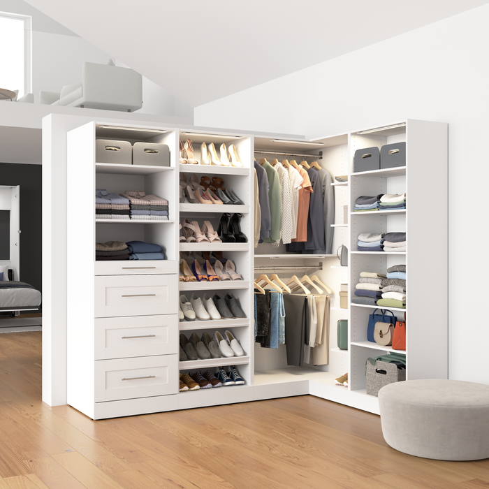 Système de pièce-penderie en forme de L modulaire Florence de Bestar de 85 po avec éclairages à DEL, tringles, tiroirs et tablettes pour chaussures de style Shaker - blanc