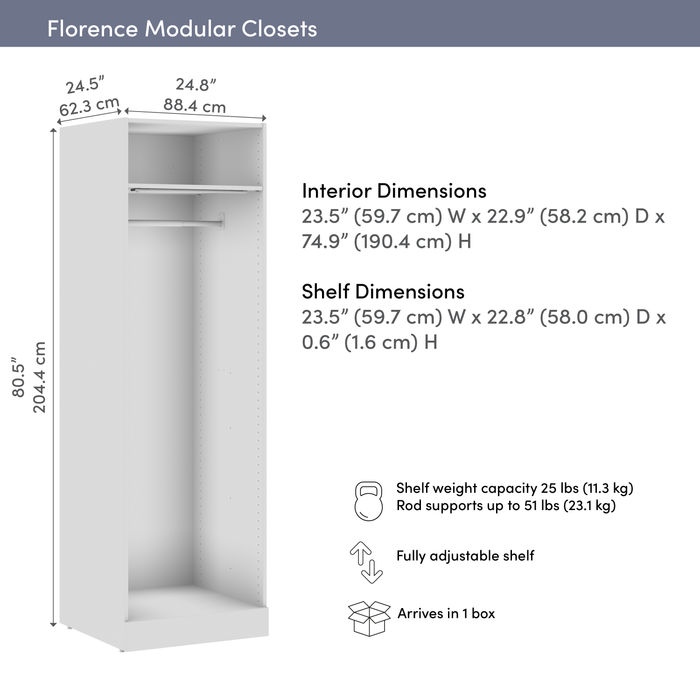 Système de garde-robe modulaire à espace pour suspendre Florence de Bestar de 25 po avec éclairage à DEL et tablette - blanc