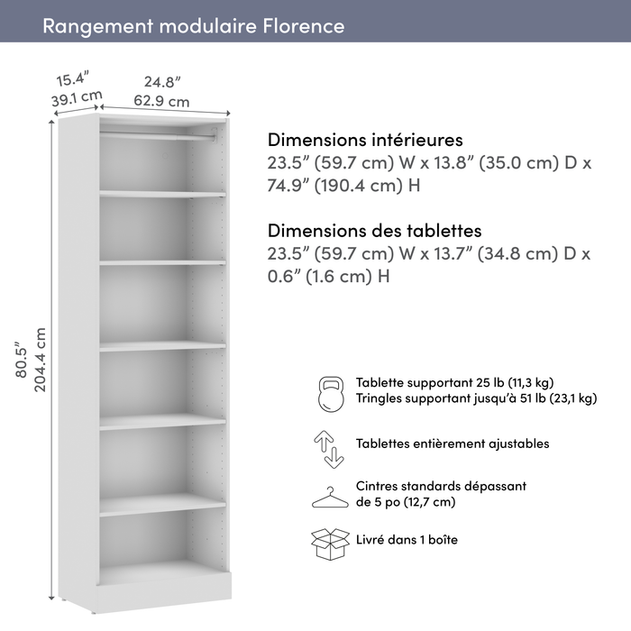 Système de garde-robe et pièce-penderie modulaire Florence de Bestar de 25 po avec tablettes - blanc