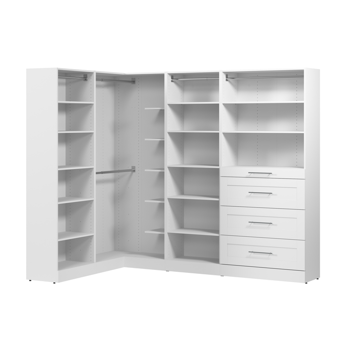 Système de pièce-penderie en forme de L modulaire Florence de Bestar de 95 po avec tringles, tablettes et tiroirs de style Shaker - blanc